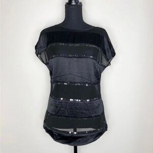 Bebe Black Silk & Mesh Panel Short Sleeve Shirt with Sequins